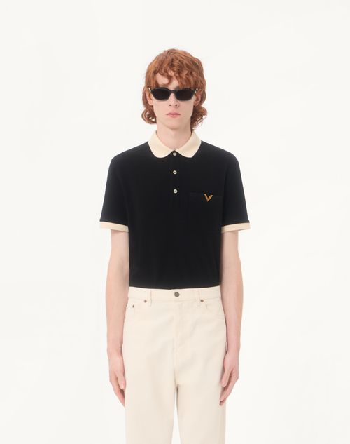 Valentino - Valentino Polo Shirt In Cotton Piquet With Vgold - Black/butter - Man - T-shirts And Sweatshirts